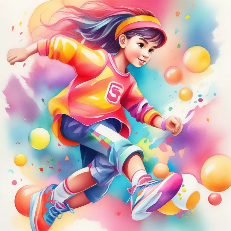 Energetic and imaginative girl with colorful and vibrant clothes playing sports and solving puzzles, colorful and vibrant