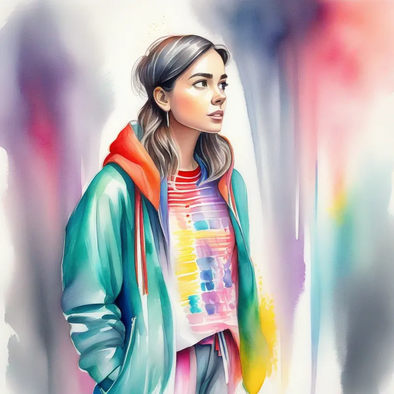 Energetic and imaginative girl with colorful and vibrant clothes standing backstage, taking a deep breath, nervous but determined