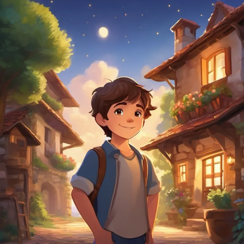 Introducing Young boy with brown hair, sparkling eyes, loves building and his dream, in his home in the village.