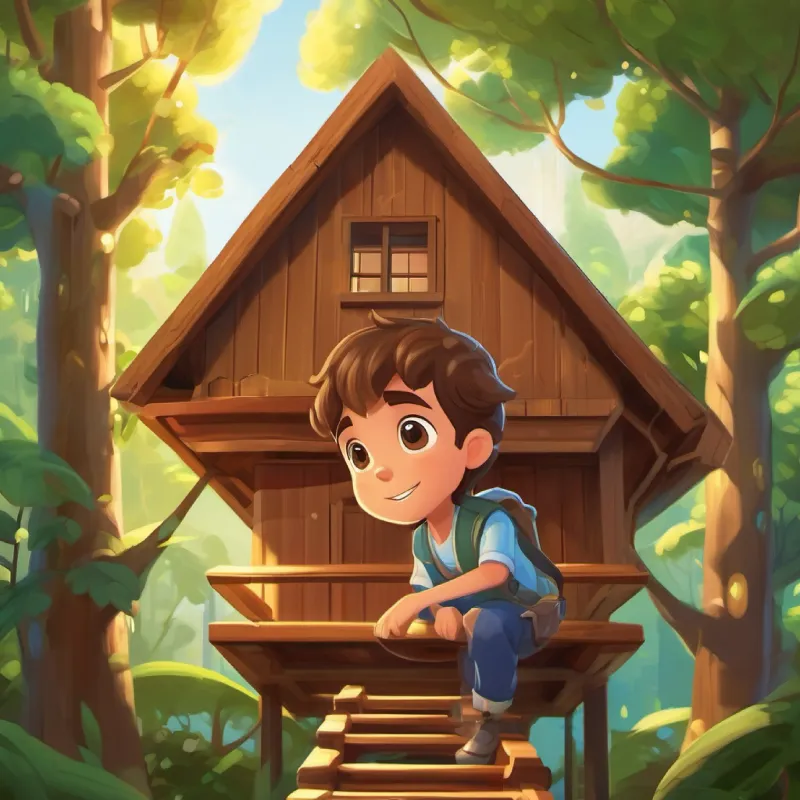Young boy with brown hair, sparkling eyes, loves building faces challenges building the treehouse, but stays positive.