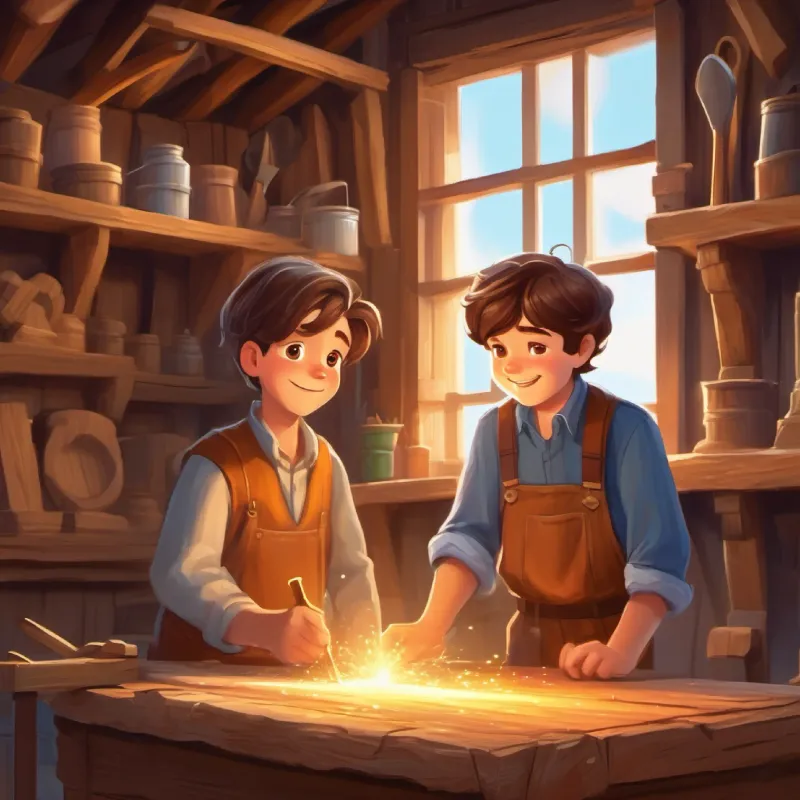 Young boy with brown hair, sparkling eyes, loves building meets Old carpenter with warm smile, teaches Timmy carpentry, who offers to help him.