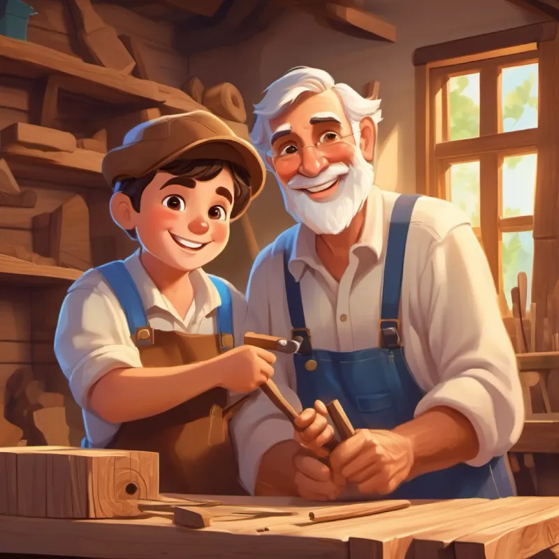 Old carpenter with warm smile, teaches Timmy carpentry teaches Young boy with brown hair, sparkling eyes, loves building carpentry skills.