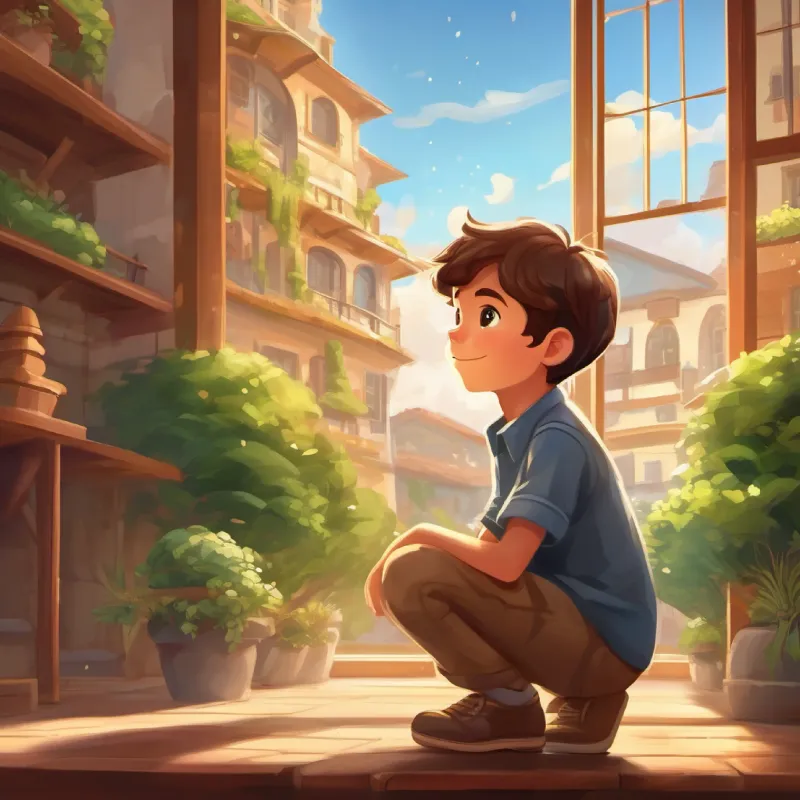 Young boy with brown hair, sparkling eyes, loves building reflects on his achievements and the value of perseverance.
