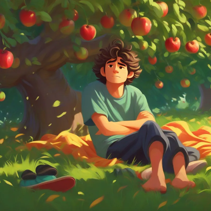Lazy John - messy hair, rumpled clothes, slippers, lazy expression lying underneath the apple tree, looking hopeful