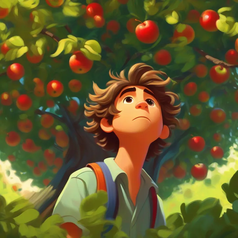 Lazy John - messy hair, rumpled clothes, slippers, lazy expression looking up at the apple tree with a puzzled expression