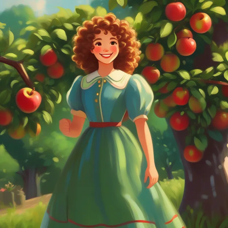 Mary - curly hair, cheerful dress, mischievous smile with a mischievous smile, standing near the apple tree