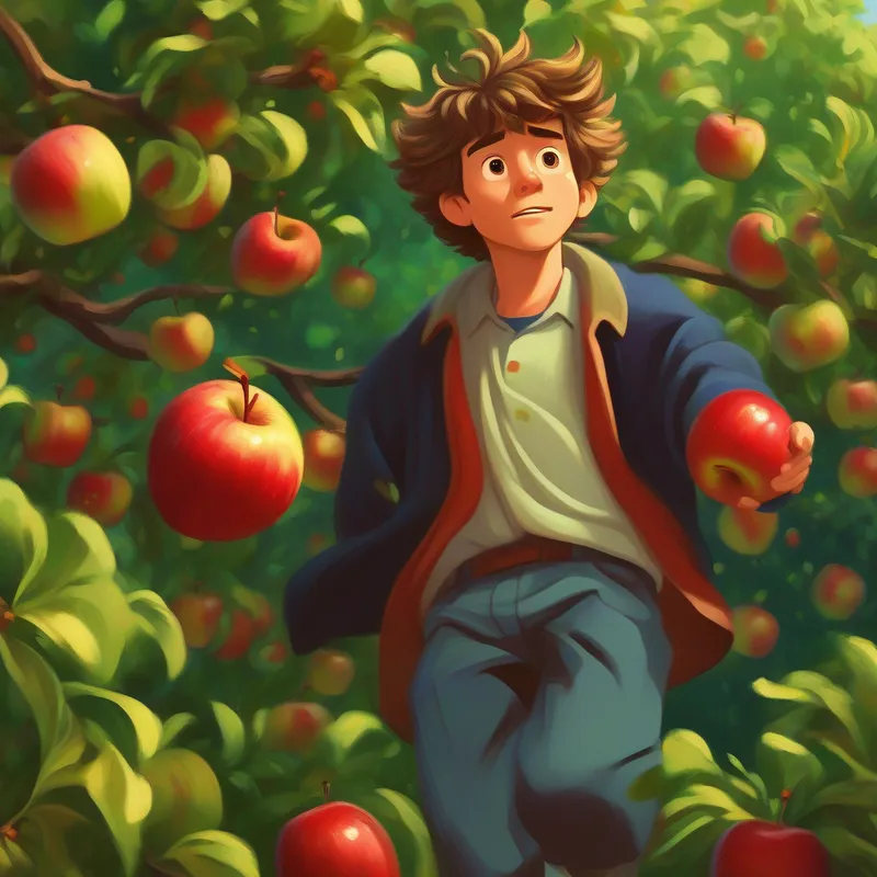 Lazy John - messy hair, rumpled clothes, slippers, lazy expression shaking the apple tree, with apples falling all around him