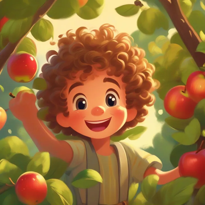 Lazy John - messy hair, rumpled clothes, slippers, lazy expression happily picking apples, with Mary - curly hair, cheerful dress, mischievous smile looking proud of him