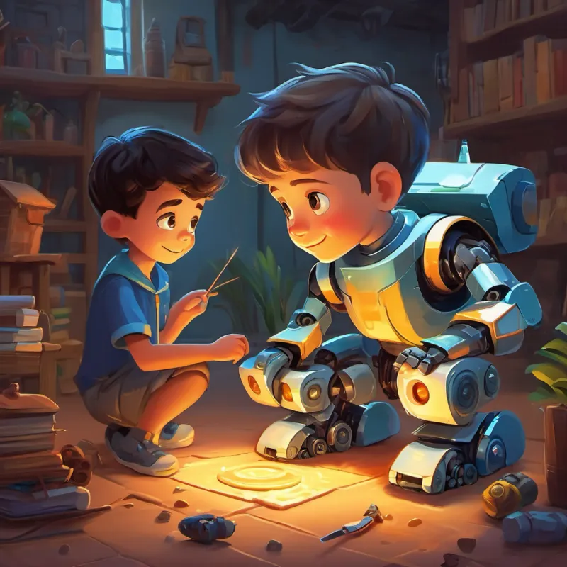 Small boy with bright eyes and a curious smile decides to build a robot friend; collects materials