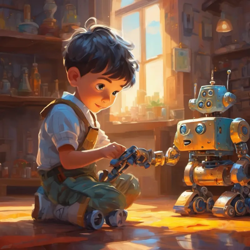 Small boy with bright eyes and a curious smile constructs the robot, adding body parts and features