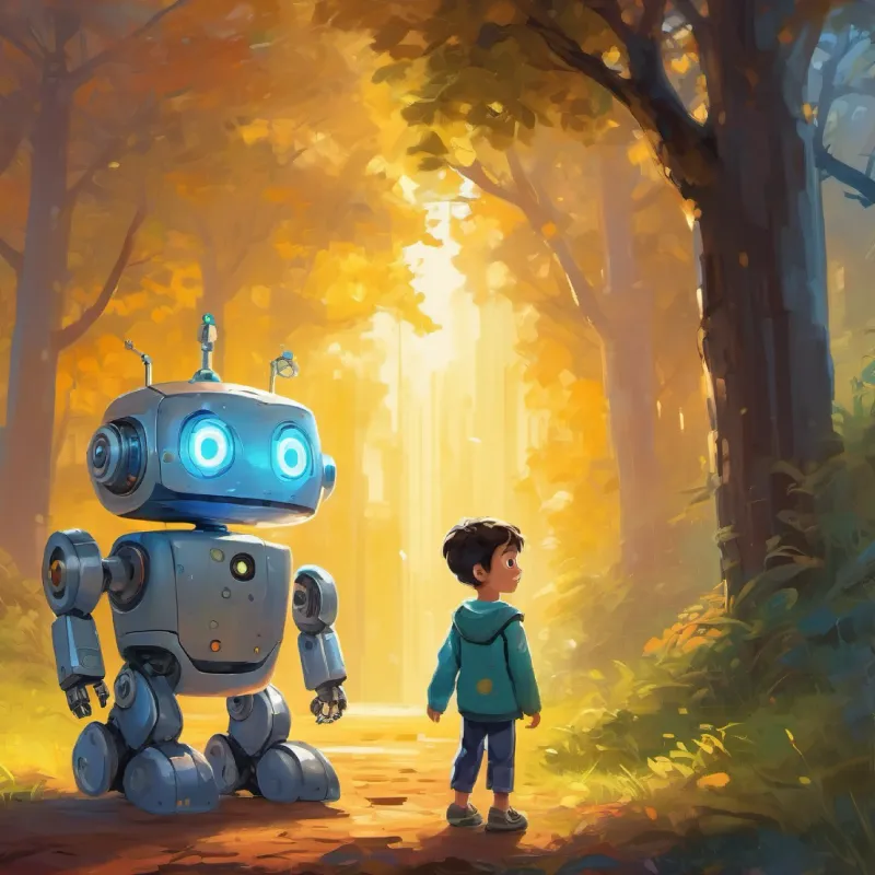 The robot is brought to life and introduces itself to Small boy with bright eyes and a curious smile