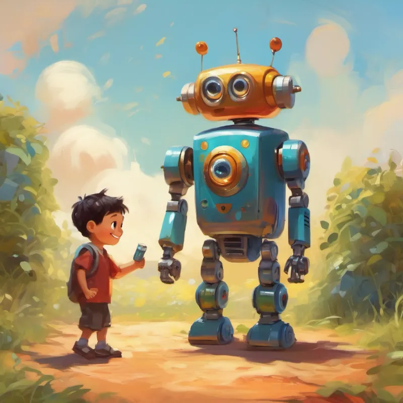 Small boy with bright eyes and a curious smile and Friendly robot with button eyes and a can-shaped body bond, playing and having fun