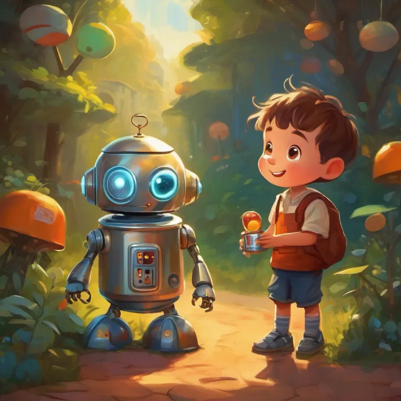 Small boy with bright eyes and a curious smile and Friendly robot with button eyes and a can-shaped body engage in various playful activities together