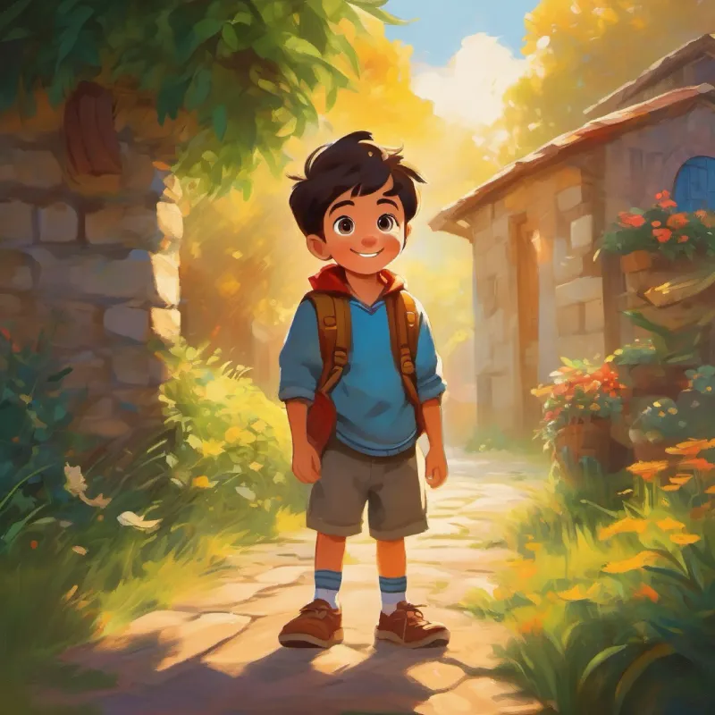 Small boy with bright eyes and a curious smile realizes the value of friendship and creativity; happy ending