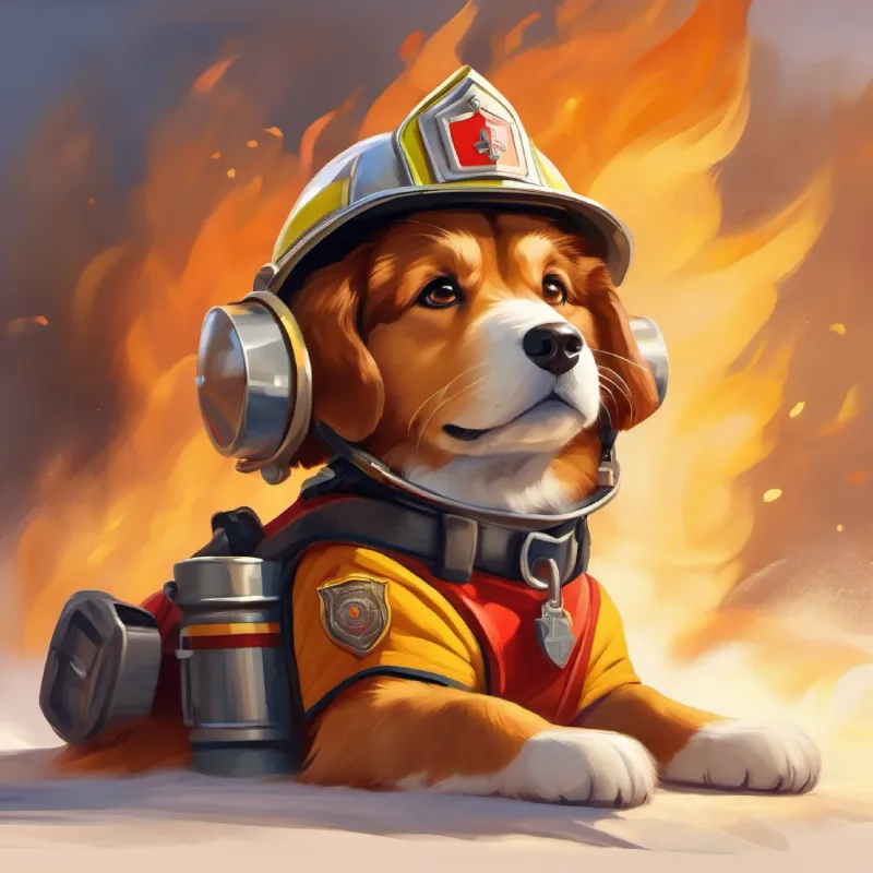 Introduction to A brave dog with golden fur and brown eyes, wearing firefighter gear, a dog in firefighter gear, dreaming of heroics.
