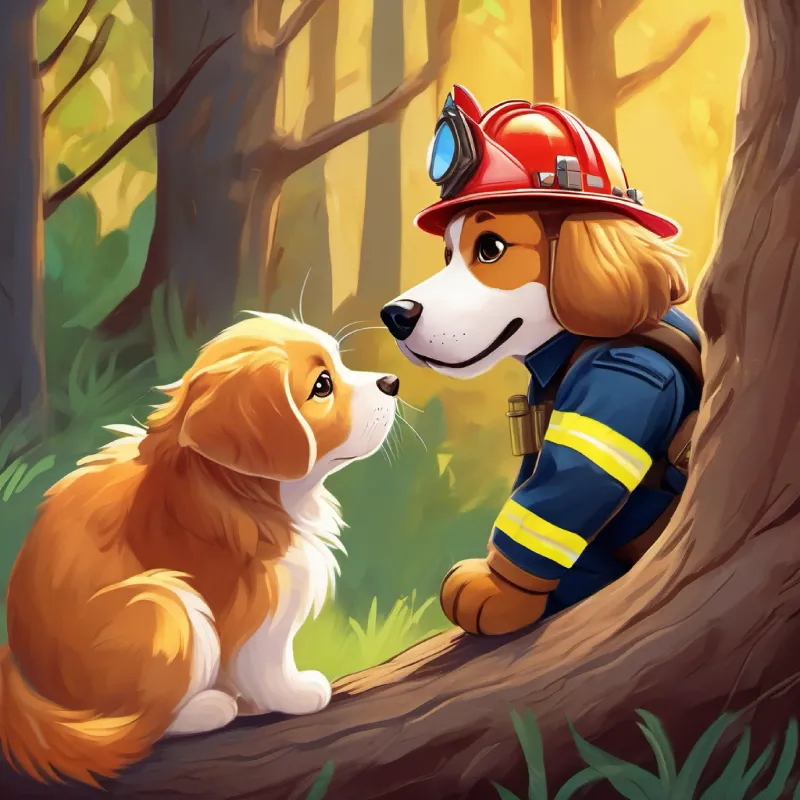 A brave dog with golden fur and brown eyes, wearing firefighter gear hears a meow and discovers a stuck kitten in a tree.