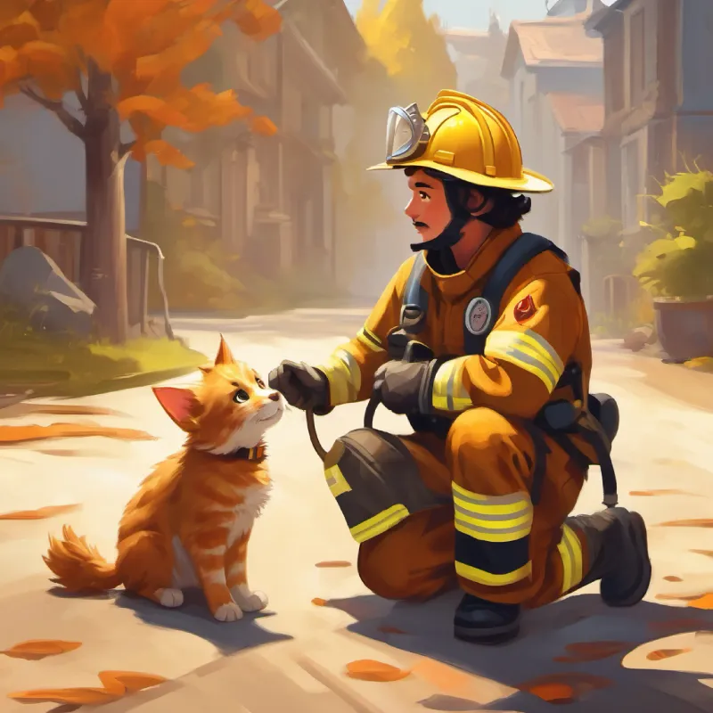 A brave dog with golden fur and brown eyes, wearing firefighter gear decides to rescue the kitten, recalling his training.