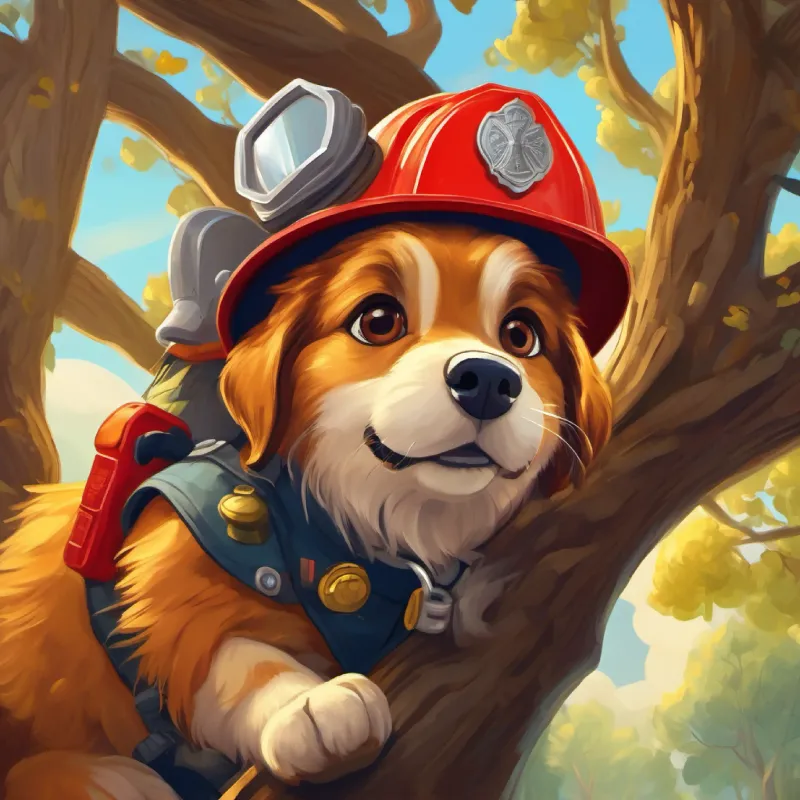 A brave dog with golden fur and brown eyes, wearing firefighter gear climbs the tree, struggling with his firefighter suit.