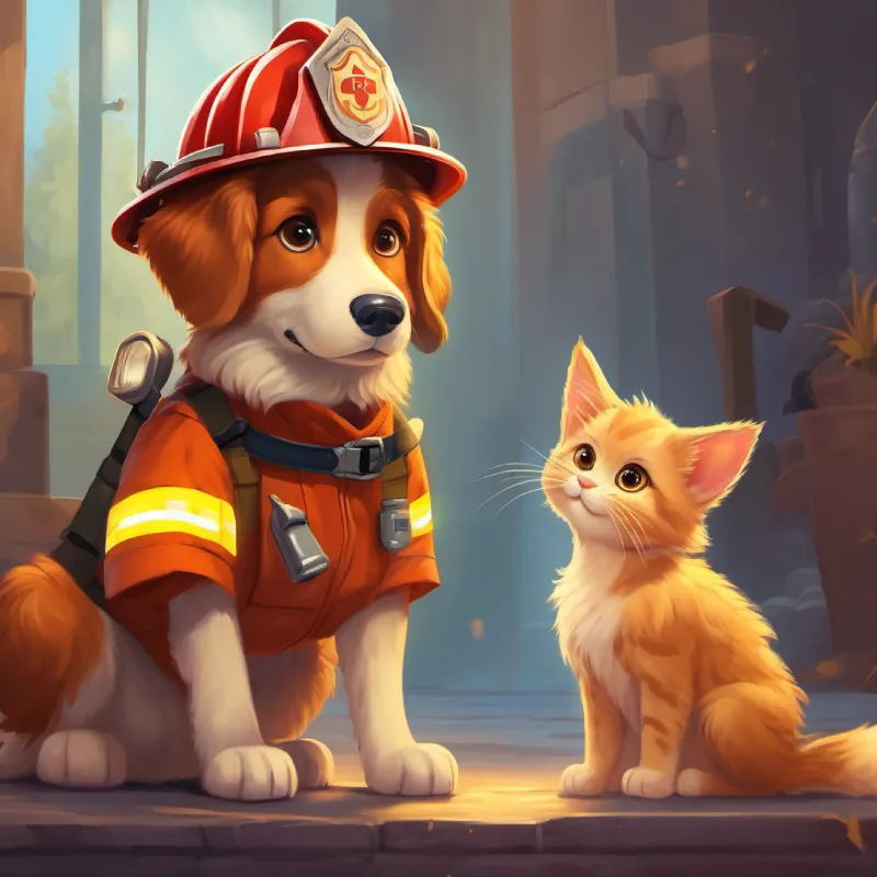 A brave dog with golden fur and brown eyes, wearing firefighter gear reassures the frightened kitten, introduces himself.