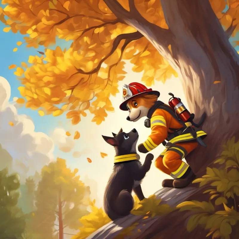 A brave dog with golden fur and brown eyes, wearing firefighter gear descends the tree with the kitten, people cheer.