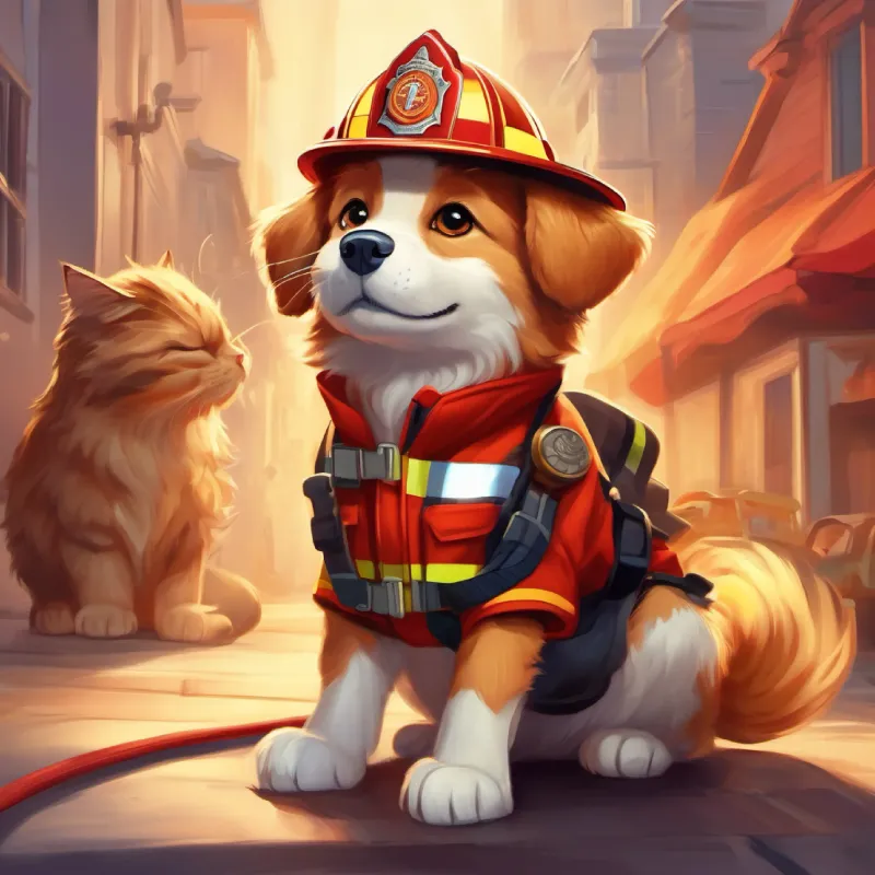 A brave dog with golden fur and brown eyes, wearing firefighter gear is celebrated as a hero, the kitten is grateful.