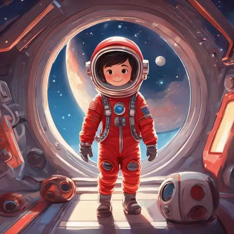 Introducing the main character, A little astronaut with a shiny red spacesuit, twinkling brown eyes the astronaut, and setting the stage for the space adventure.