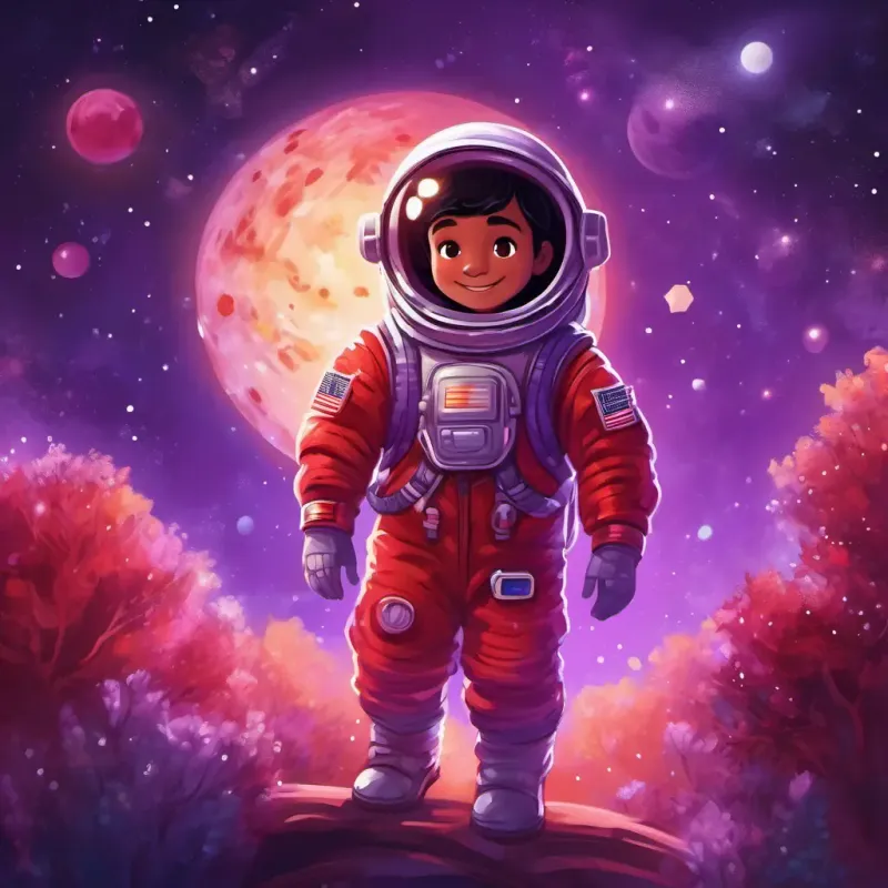 A little astronaut with a shiny red spacesuit, twinkling brown eyes explores the space and discovers a planet with purple polka dots, expressing his excitement.