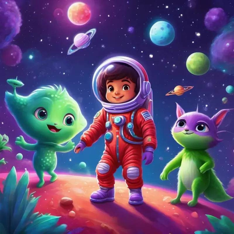 A little astronaut with a shiny red spacesuit, twinkling brown eyes meets the friendly aliens with blue eyes and green fur on the purple polka-dotted planet, joining their dance party.