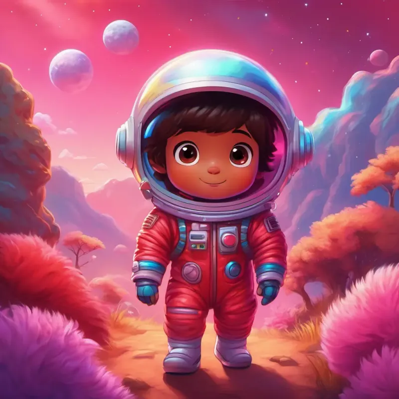 A little astronaut with a shiny red spacesuit, twinkling brown eyes arrives at a planet with rainbow clouds and meets fluffy pink creatures who enjoy playing hide-and-seek.