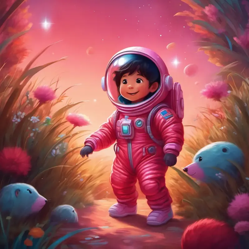 A little astronaut with a shiny red spacesuit, twinkling brown eyes plays hide-and-seek with the fluffy pink creatures, sharing a joyful moment with them.
