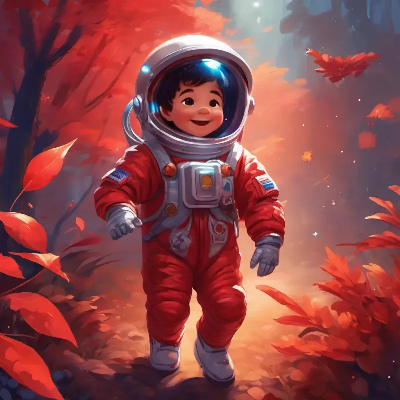 A little astronaut with a shiny red spacesuit, twinkling brown eyes says goodbye to the creatures and leaves the planet, expressing his happiness and waving to his new friends.