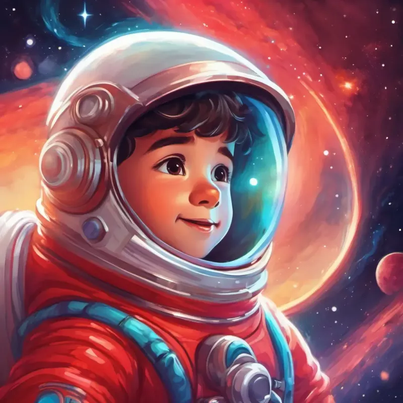A little astronaut with a shiny red spacesuit, twinkling brown eyes reflects on his adventure and feels happy, realizing that he has made friends in the colorful universe.