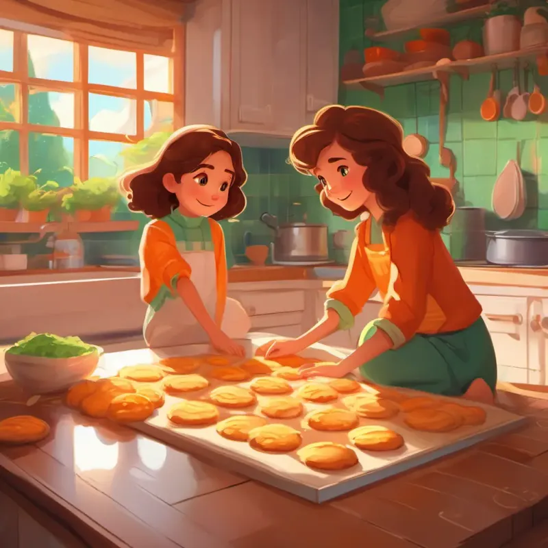 A girl with brown hair, bright green eyes and A kind and loving mother with curly brown hair making cookies in their cozy kitchen, with A fluffy and playful white-and-orange cat playing on the floor.