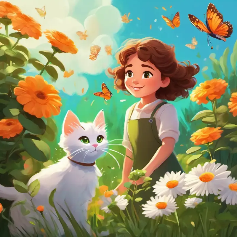 A girl with brown hair, bright green eyes and A kind and loving mother with curly brown hair planting flowers in the garden, with A fluffy and playful white-and-orange cat happily chasing butterflies.