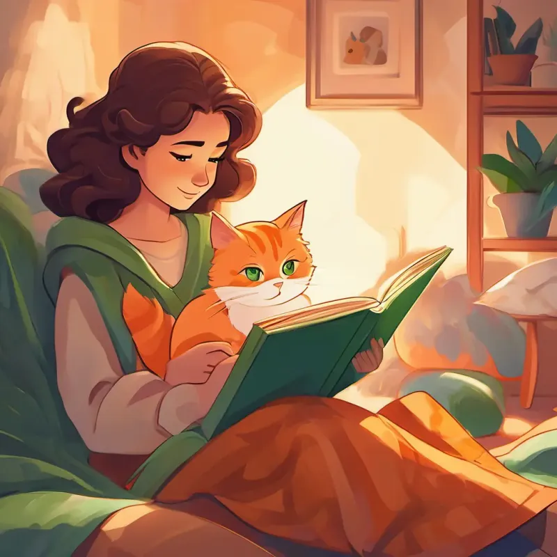 A girl with brown hair, bright green eyes, A kind and loving mother with curly brown hair, and A fluffy and playful white-and-orange cat reading stories together under a big blanket in the living room on a rainy day.