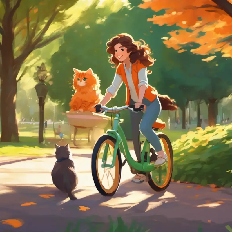 A girl with brown hair, bright green eyes learning to ride her bike in the park, with A kind and loving mother with curly brown hair and A fluffy and playful white-and-orange cat by her side.