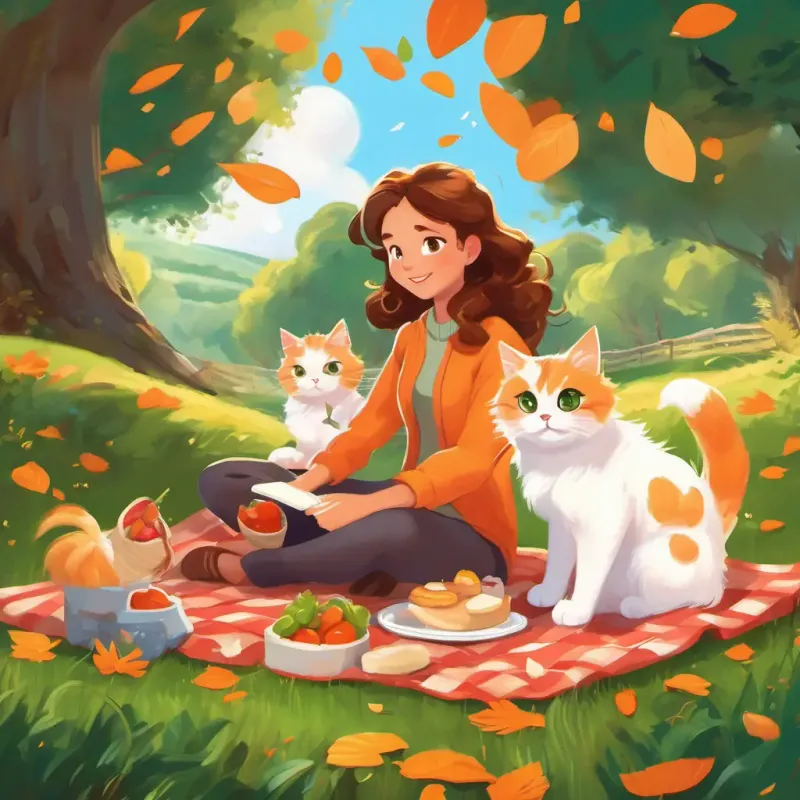 A girl with brown hair, bright green eyes, A kind and loving mother with curly brown hair, and A fluffy and playful white-and-orange cat having a picnic and playing in the countryside, with A fluffy and playful white-and-orange cat catching falling leaves.