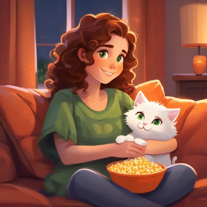 A girl with brown hair, bright green eyes, A kind and loving mother with curly brown hair, and A fluffy and playful white-and-orange cat having a movie night with popcorn and lots of hugs on the couch.