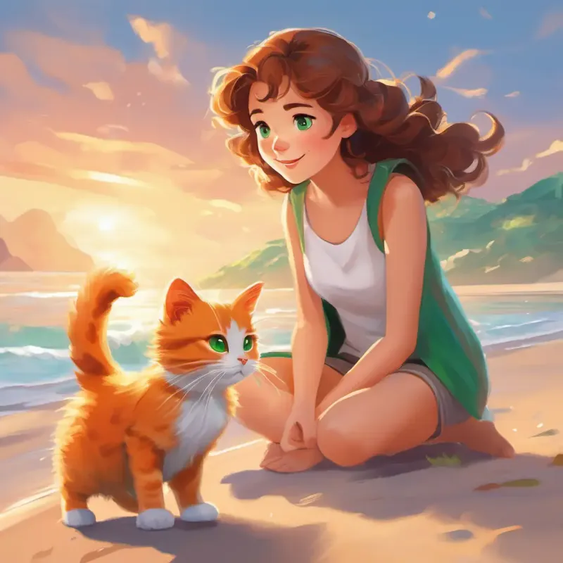 A girl with brown hair, bright green eyes, A kind and loving mother with curly brown hair, and A fluffy and playful white-and-orange cat playing on the beach, with A fluffy and playful white-and-orange cat exploring the shore.
