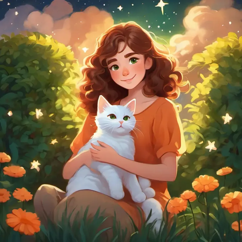 A girl with brown hair, bright green eyes, A kind and loving mother with curly brown hair, and A fluffy and playful white-and-orange cat cuddling in the garden, looking at the stars, feeling happy and loved.