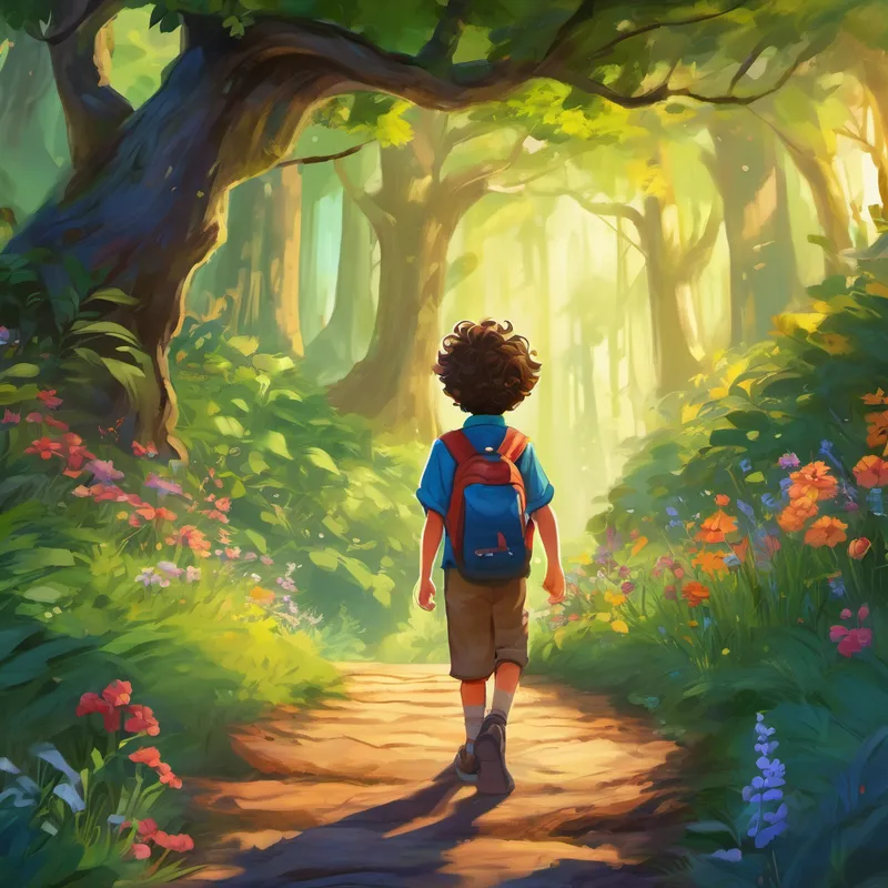 Once upon a time, in a little village at the edge of a magical forest, there lived a brave and curious 7-year-old boy named Charlie. Charlie had wild, curly hair that matched his vibrant personality, and he had a heart full of adventure. Every day, Charlie would wake up with a big smile on his face, eager to explore the world around him. His favorite place to visit was the magical forest, where he would find enchanting creatures and wonderful surprises. The forest was a world of its own, filled with tall trees, sparkling streams, and colorful flowers.