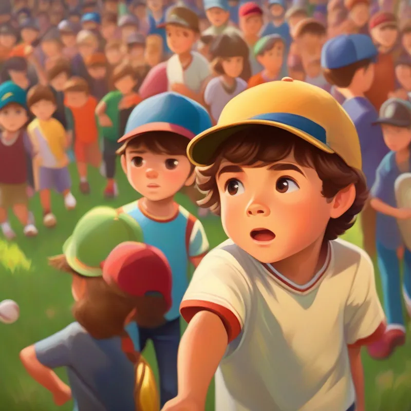 Young boy, brown hair, determined eyes, wearing baseball cap looking at kids playing catch, feeling determined, colorful