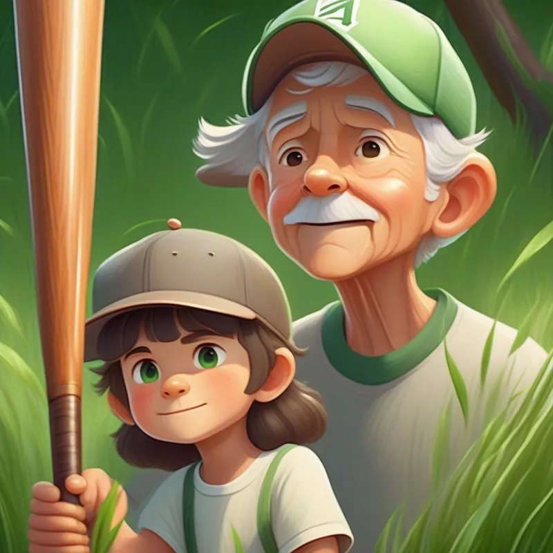 Young boy, brown hair, determined eyes, wearing baseball cap and Old man, gray hair, wise eyes, holding baseball bat practicing together, happy faces, green grass