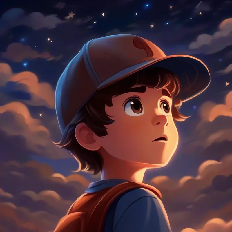Young boy, brown hair, determined eyes, wearing baseball cap imagining victory, determination shining, night sky