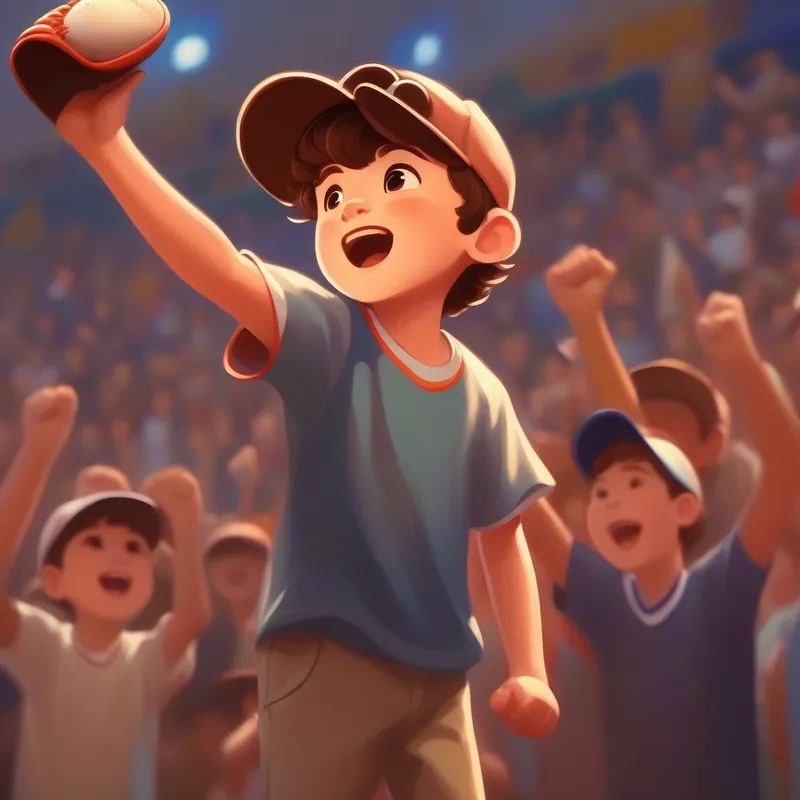 Young boy, brown hair, determined eyes, wearing baseball cap playing baseball, proud family, cheering audience