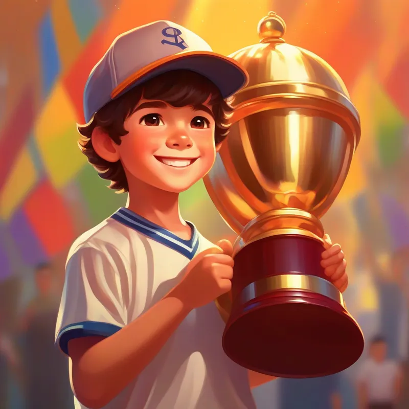 Young boy, brown hair, determined eyes, wearing baseball cap holding the trophy with pride, bright smile, victory