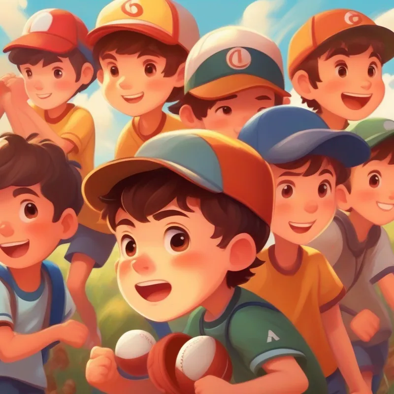 Young boy, brown hair, determined eyes, wearing baseball cap and his friends playing various sports, determination and happiness