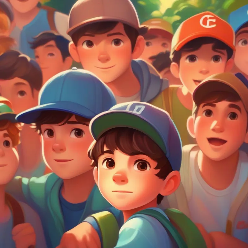 Young boy, brown hair, determined eyes, wearing baseball cap with friends, feeling united and determined, vibrant colors
