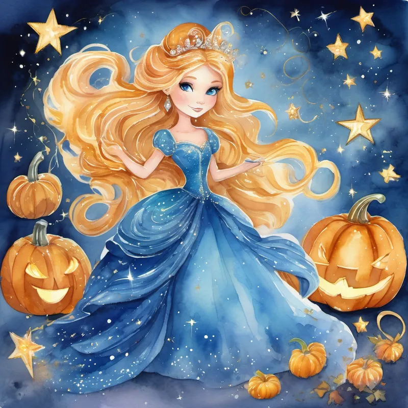 Gown made of sparkling stars, wand with a diamond, magical appearance with a sparkling gown and wand. Pumpkin transforming into a carriage with mice turning into horses. Golden hair, sparkling blue eyes, kind-hearted, surrounded by ashes in her transformed ballgown.