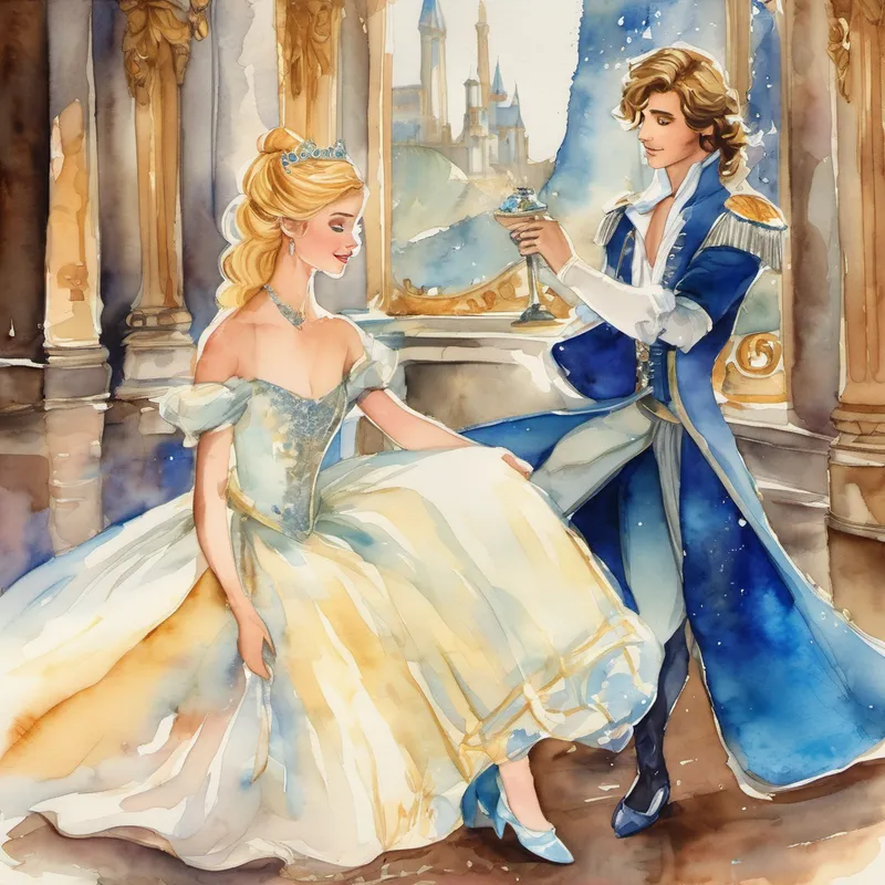 Golden hair, sparkling blue eyes, kind-hearted, surrounded by ashes rushing out of the ballroom. Charming prince, impressed by Cinderella's beauty, holding the glass slipper holding the glass slipper.